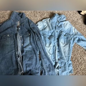 2 blue denim button shirts
